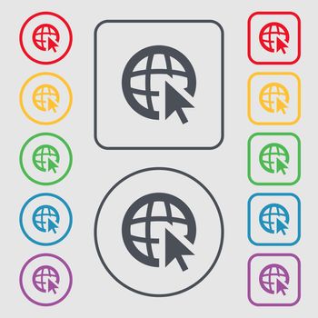 Internet sign icon. World wide web symbol. Cursor pointer. Symbols on the Round and square buttons with frame. illustration