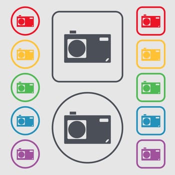 Photo camera sign icon. Digital symbol. Symbols on the Round and square buttons with frame. illustration