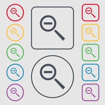 Magnifier glass, Zoom tool icon sign. Symbols on the Round and square buttons with frame. illustration