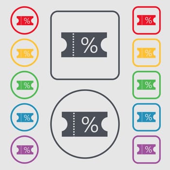 ticket discount icon sign. symbol on the Round and square buttons with frame. illustration