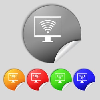 wi fi and monitor sign icon. Video game symbol. Set colourful buttons. illustration