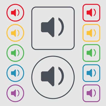 Speaker volume, Sound icon sign. symbol on the Round and square buttons with frame. illustration