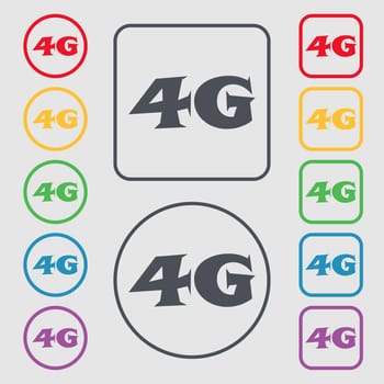 4G sign icon. Mobile telecommunications technology symbol. Symbols on the Round and square buttons with frame. illustration