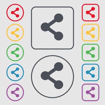 Share icon sign. symbol on the Round and square buttons with frame. illustration