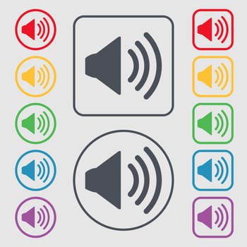 Speaker volume sign icon. Sound symbol. Symbols on the Round and square buttons with frame. illustration