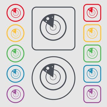 radar icon sign. symbol on the Round and square buttons with frame. illustration