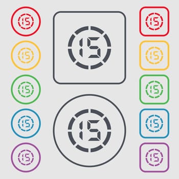 15 second stopwatch icon sign. Symbols on the Round and square buttons with frame. illustration