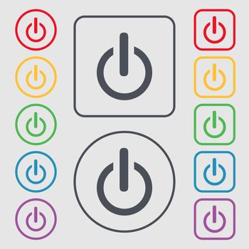 Power sign icon. Switch on symbol. Symbols on the Round and square buttons with frame. illustration