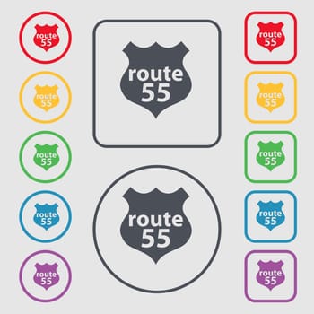 Route 55 highway icon sign. symbol on the Round and square buttons with frame. illustration