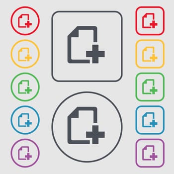 Add File document icon sign. symbol on the Round and square buttons with frame. illustration