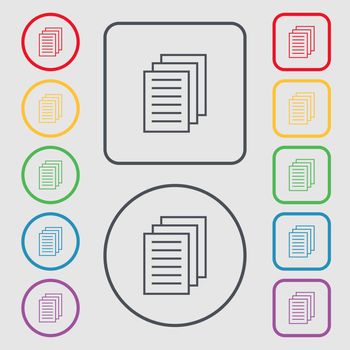 Copy file sign icon. Duplicate document symbol. Symbols on the Round and square buttons with frame. illustration