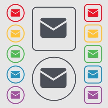 Mail, Envelope, Message icon sign. symbol on the Round and square buttons with frame. illustration