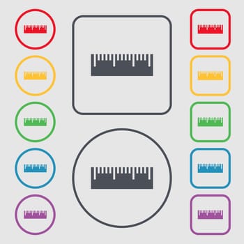 Ruler sign icon. School tool symbol. Symbols on the Round and square buttons with frame. illustration