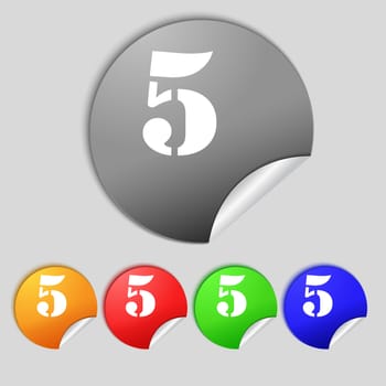 number five icon sign. Set of coloured buttons. illustration