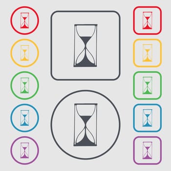 Hourglass sign icon. Sand timer symbol. Symbols on the Round and square buttons with frame. illustration