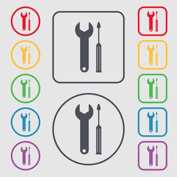 Repair tool sign icon. Service symbol. screwdriver with wrench. Symbols on the Round and square buttons with frame. illustration