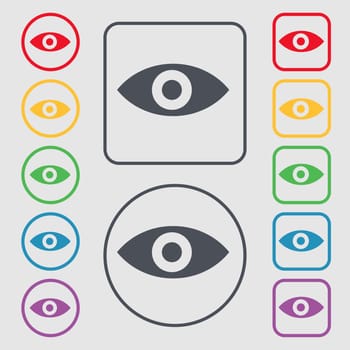Eye, Publish content, sixth sense, intuition icon sign. symbol on the Round and square buttons with frame. illustration
