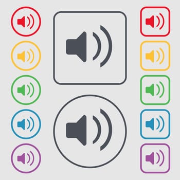 Speaker volume, Sound icon sign. symbol on the Round and square buttons with frame. illustration