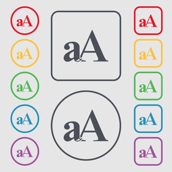 Enlarge font, aA icon sign. Symbols on the Round and square buttons with frame. illustration