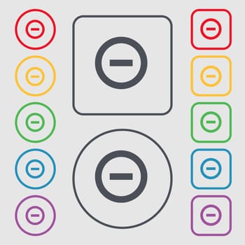 Minus, Negative, zoom, stop icon sign. symbol on the Round and square buttons with frame. illustration