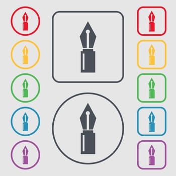Pen sign icon. Edit content button. Symbols on the Round and square buttons with frame. illustration