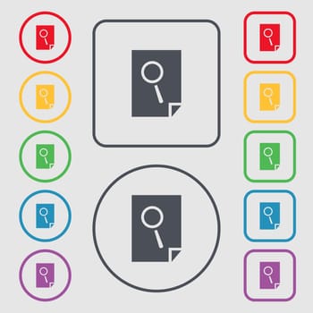 Search in file sign icon. Find in document symbol. Symbols on the Round and square buttons with frame. illustration