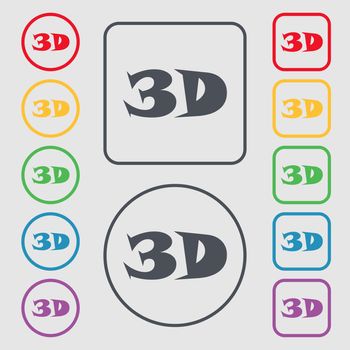 3D sign icon. 3D New technology symbol. Symbols on the Round and square buttons with frame. illustration