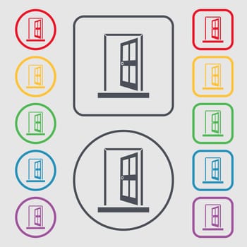 Door, Enter or exit icon sign. Symbols on the Round and square buttons with frame. illustration