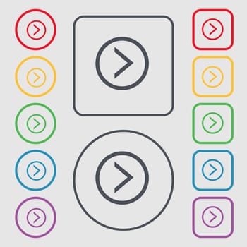 Arrow right, Next icon sign. symbol on the Round and square buttons with frame. illustration