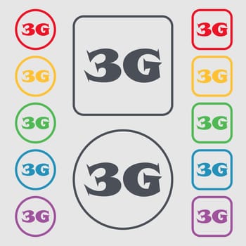 3G sign icon. Mobile telecommunications technology symbol. Symbols on the Round and square buttons with frame. illustration