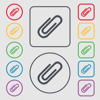 Paper clip sign icon. Clip symbol. Symbols on the Round and square buttons with frame. illustration