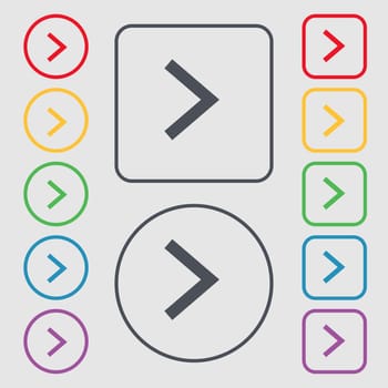 Arrow right, Next icon sign. symbol on the Round and square buttons with frame. illustration