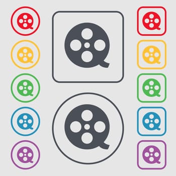 Film icon sign. symbol on the Round and square buttons with frame. illustration