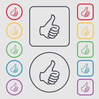 Like sign icon. Thumb up sign. Hand finger up. Symbols on the Round and square buttons with frame. illustration