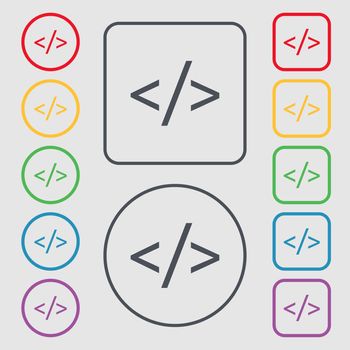 Code sign icon. Programming language symbol. Symbols on the Round and square buttons with frame. illustration