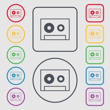 cassette sign icon. Audiocassette symbol. Symbols on the Round and square buttons with frame. illustration