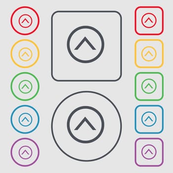 Direction arrow up icon sign. symbol on the Round and square buttons with frame. illustration