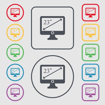 diagonal of the monitor 23 inches icon sign. Symbols on the Round and square buttons with frame. illustration