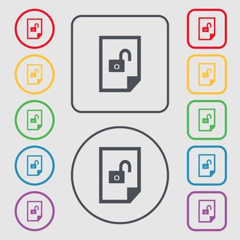 File unlocked icon sign. Symbols on the Round and square buttons with frame. illustration