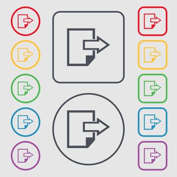 Export file icon. File document symbol. Symbols on the Round and square buttons with frame. illustration