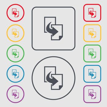 Copy file sign icon. Duplicate document symbol. Symbols on the Round and square buttons with frame. illustration