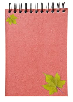 leaves on ring binder red book isolated on white background, clipping path