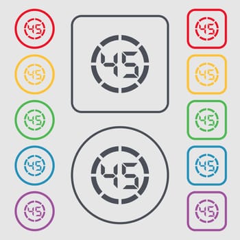 45 second stopwatch icon sign. Symbols on the Round and square buttons with frame. illustration
