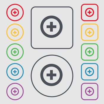 Plus, Positive icon sign. symbol on the Round and square buttons with frame. illustration