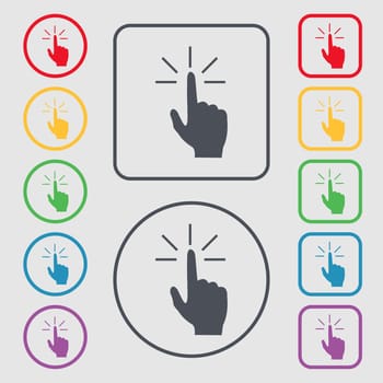 Click here hand icon sign. Symbols on the Round and square buttons with frame. illustration