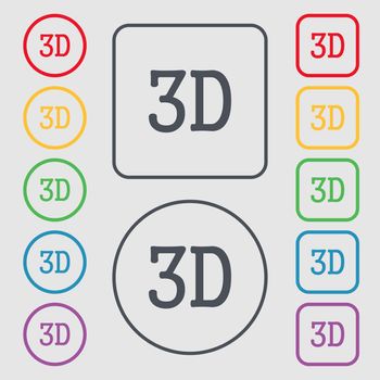 3D sign icon. 3D New technology symbol. Symbols on the Round and square buttons with frame. illustration