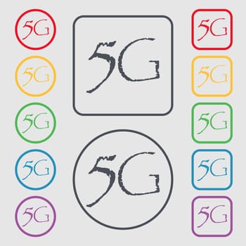 5G sign icon. Mobile telecommunications technology symbol. Symbols on the Round and square buttons with frame. illustration