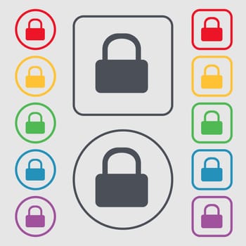 Pad Lock icon sign. symbol on the Round and square buttons with frame. illustration