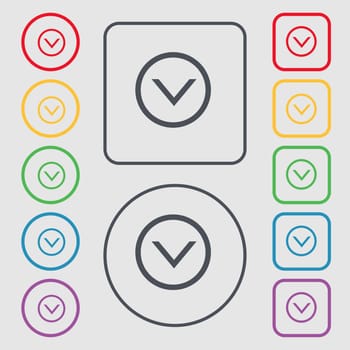 Arrow down, Download, Load, Backup icon sign. symbol on the Round and square buttons with frame. illustration