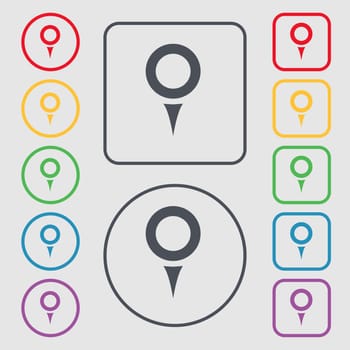 Map pointer, GPS location icon sign. symbol on the Round and square buttons with frame. illustration